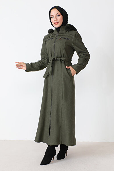 Tesettür Dünyası Kabát na zip po celé délce s ozdobnými kapsami TSD230810 Khaki