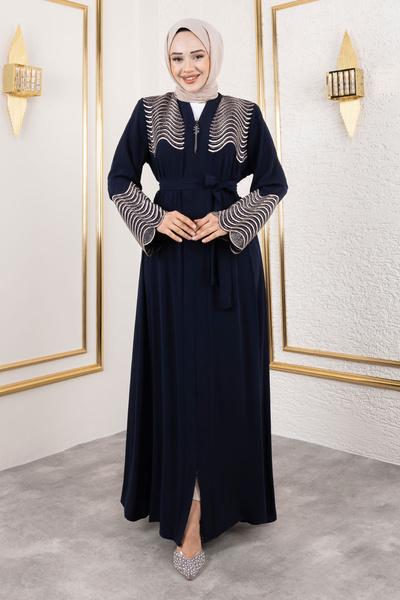 Tesettür Dünyası Navy Blue Embroidered and Stone Detailed Abaya - Tsd 250110