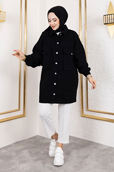 Tesettür Dünyası Black Oversize Denim Jacket - Tsd with Bellows and Pockets 250103