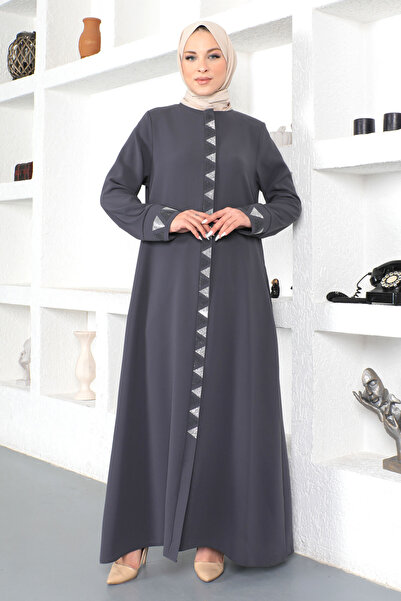 Tesettür Dünyası Antracitové trojúhelníkové flitry vyšívané hidžáb Ferace - Tsd 230331