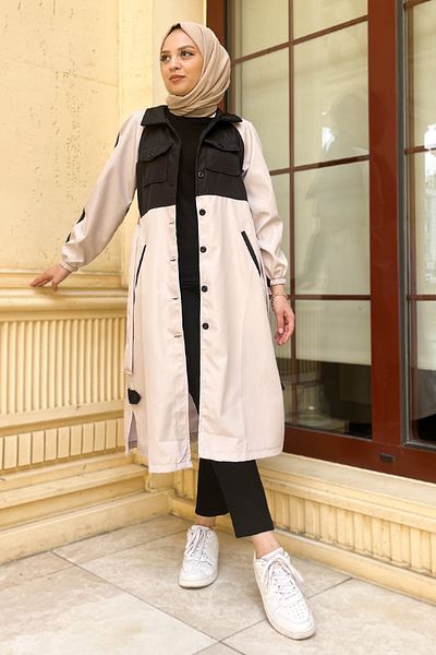 Tesettür Dünyası Διπλό Χρώμα Trench Coat Tsd0919 Ecru