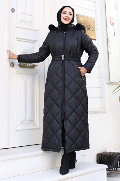 Tesettür Dünyası Černý prošívaný kabát - TSD s diamantovým vzorem s gumovým páskem240711