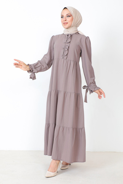 Tesettür Dünyası Hijab Long Hijab Dress with Tie on the Sleeve Tsd221207 Mink