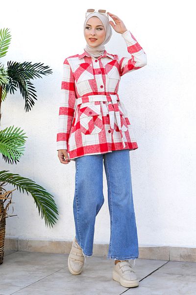 Tesettür Dünyası Pásek Detailed Lumberjack Shirt Jacket Tsd221017 Red