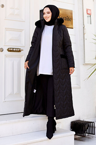 Tesettür Dünyası Black Quilted Coat - Fur Detailed Pocket and Hooded Tsd 240807