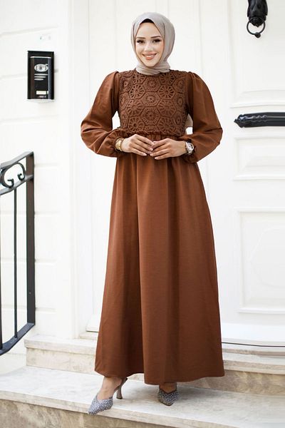Tesettür Dünyası Φόρεμα Hijab - Λεπτομέρεια με δαντέλα, Καφέ, TSD 240519