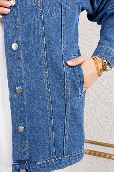 Tesettür Dünyası Düğmeli Klasik Kot Ceket Tsd250105 Mavi