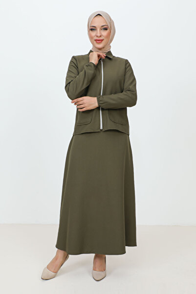 Tesettür Dünyası Zippered Pocket Skirt Crepe Suit TSD231205 Khaki