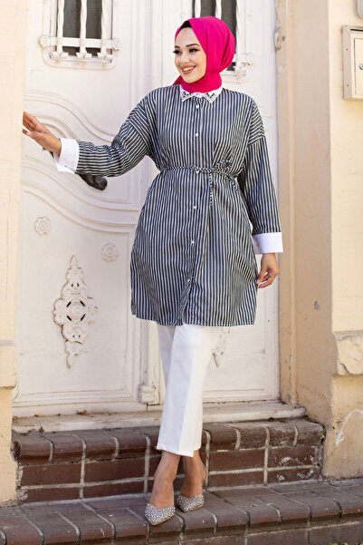 Tesettür Dünyası Anthracite Striped Stone Detailed Tunic - TSD with Waist Tie240605