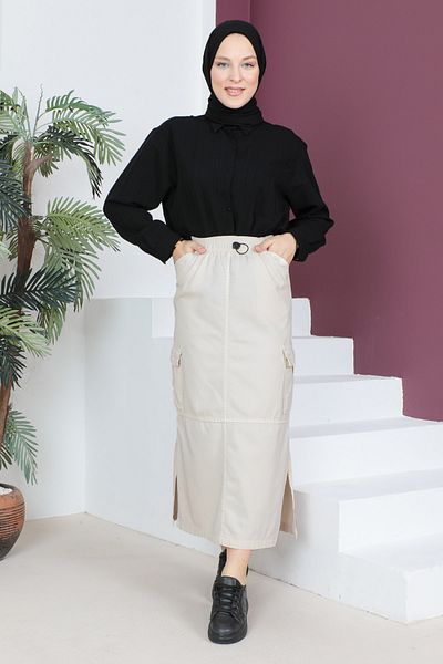 Tesettür Dünyası Slit Skirt TSD230534 Beige