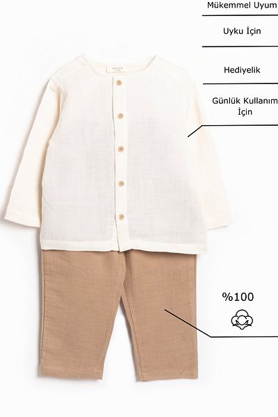Vauva Muslin Shirt Suit Long Sleeve 2 Piece Suit Buttoned 100% Cotton Boy Suit