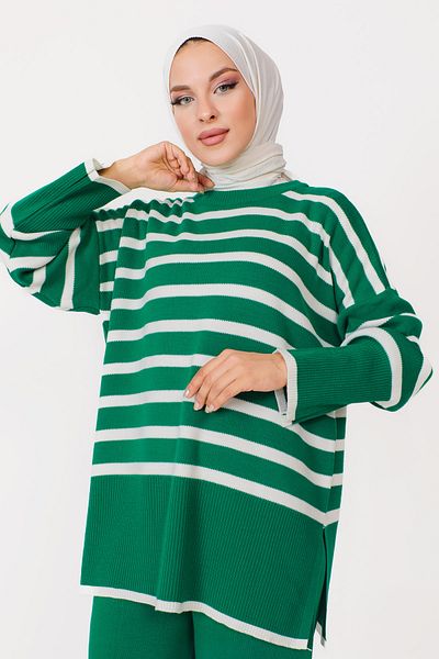 Tesettür Dünyası Stripe Detailed Knitwear Suit TSD230909 Green