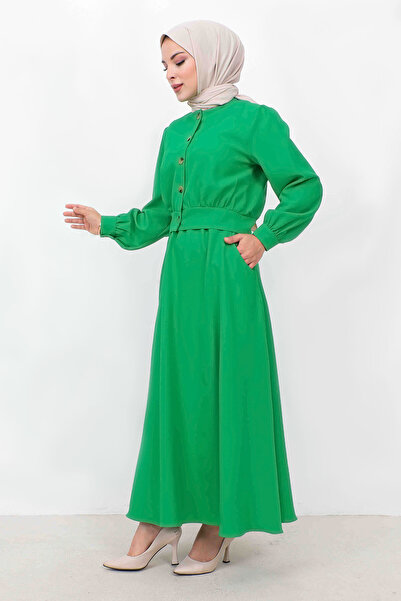 Tesettür Dünyası Skirt Pocketed Buttoned Double Suit TSD231113 Green