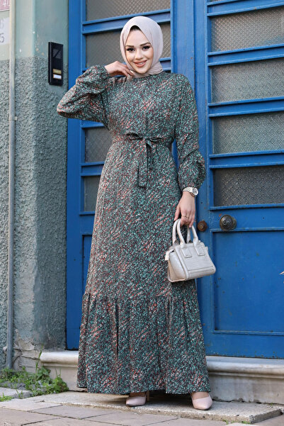 Tesettür Dünyası Długa sukienka z falbanami i wzorem w kratkę TSD240210 Khaki