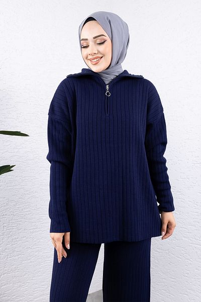 Tesettür Dünyası Navy Blue Zippered Knitwear Set - Tsd 240950