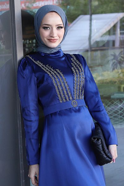 Tesettür Dünyası Indigó öv részletes estélyi ruha - Tsd 220543