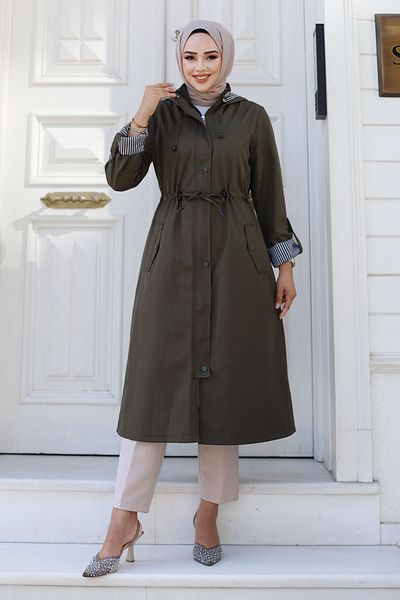 Tesettür Dünyası Khaki Striped Trench Coat - Front Snap Fastener Lined Tsd 240926