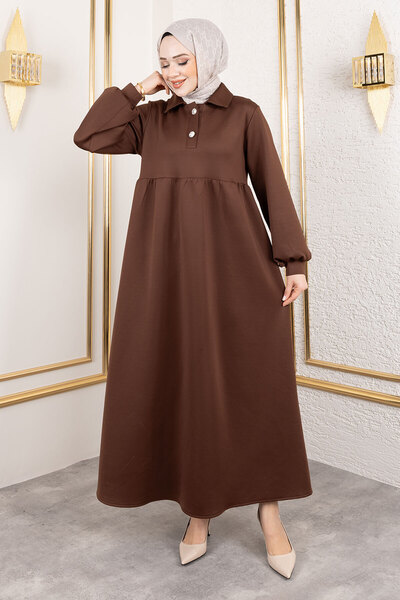 Tesettür Dünyası Scuba Uzun Tesettür Elbise TSD250129 Kahverengi