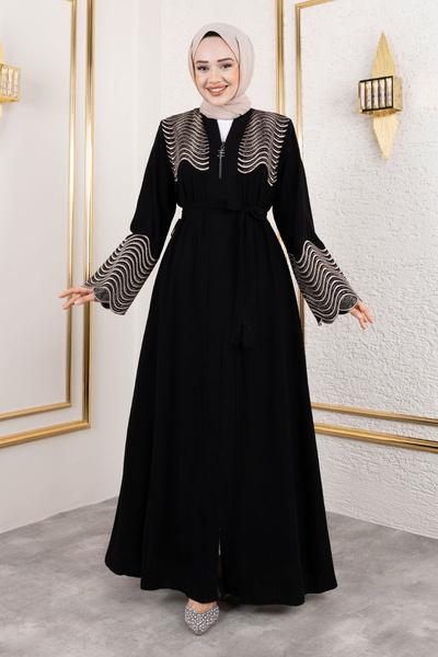 Tesettür Dünyası Black Embroidered and Stone Detailed Abaya - Tsd 250110