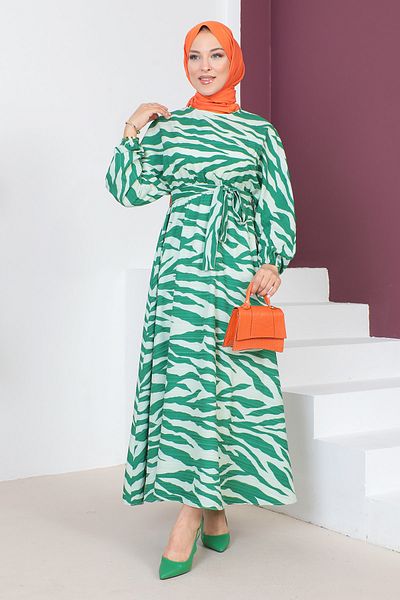 Tesettür Dünyası Kleid mit Zebramuster TSD230624 Grün