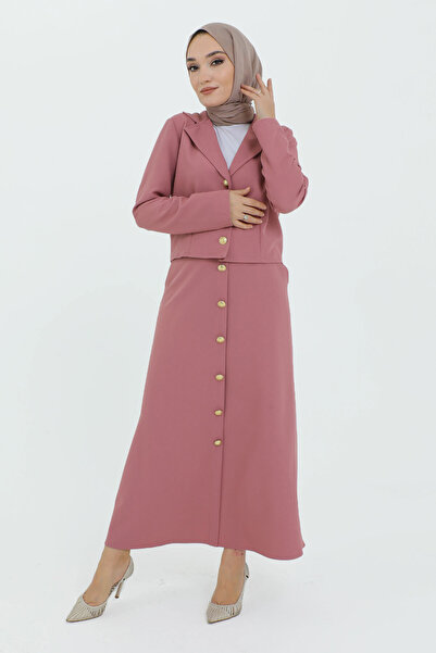 Tesettür Dünyası Szoknya gomb részletes kabát öltöny TSD231217 púder