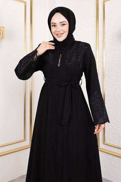 Tesettür Dünyası Ζώνη Κεντημένη Abaya TSD250148 Μαύρο
