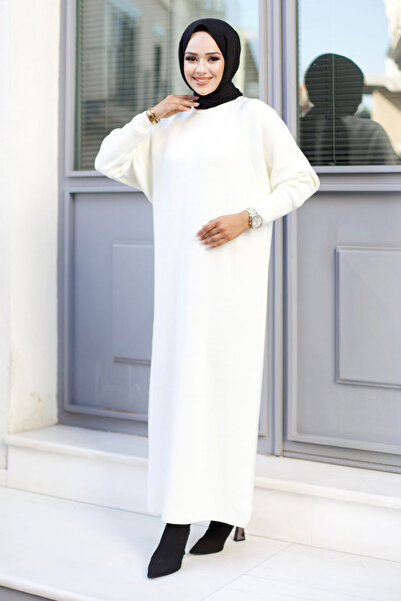 Tesettür Dünyası Μακρύ φόρεμα με μανίκια Reglan TSD240725 Λευκό