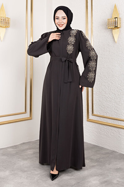 Tesettür Dünyası Flower Patterned Bead Embroidered Ferace Tsd250161 Anthracite