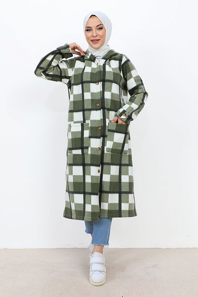 Tesettür Dünyası Καπάκι Fleece με καρό σχέδιο με τσέπες TSD231101 Πράσινο