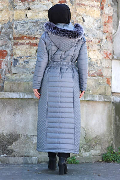 Tesettür Dünyası Tam Boy Kapitone Mont Tsd1931 Gri