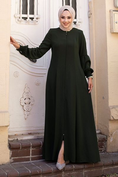 Tesettür Dünyası Χακί Hijab Ferace - Gipe Detailed, με φερμουάρ στον λαιμό TSD240603