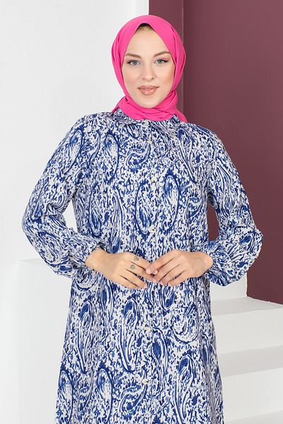 Tesettür Dünyası Patterned Long Tunic TSD230706 Blue