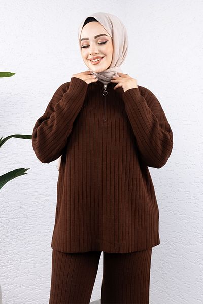 Tesettür Dünyası Σετ πλεκτό με φερμουάρ Bitter Brown - TSD 240950