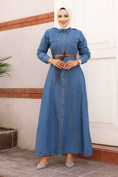 Tesettür Dünyası Rochie de blugi albastru - Curea din piele, TSD240709