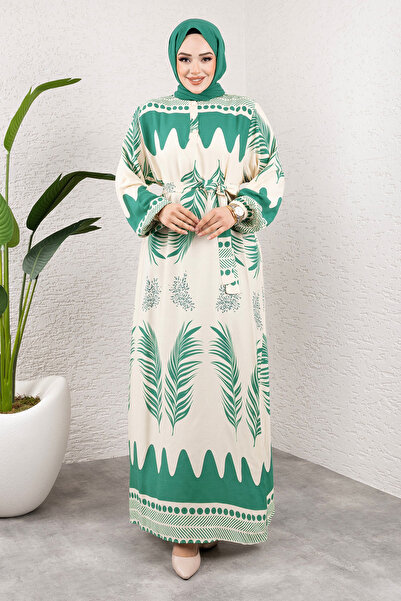 Tesettür Dünyası Su Yolu Etnik Desenli Viskon Uzun Tesettür Elbise TSD240955 Yeşil