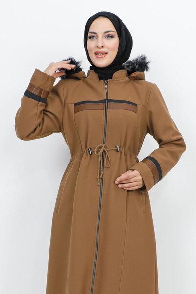 Tesettür Dünyası Leather Detailed Full-Length Zipper Coat TSD231116 Camel