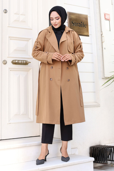 Tesettür Dünyası Arkası Düğme Detaylı Kruvaze Yaka Trençkot TSD240714 Taba