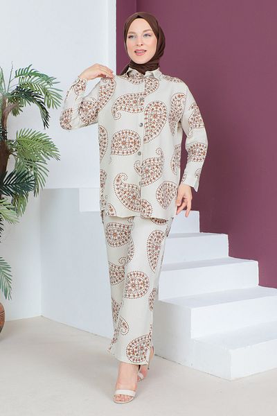 Tesettür Dünyası Patterned Double Suit TSD230535 Brown