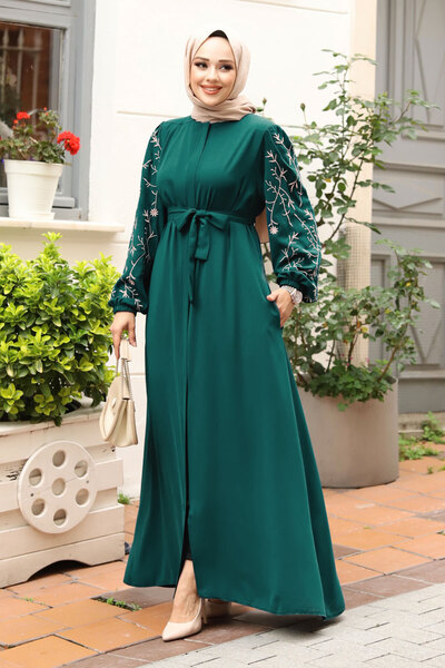 Tesettür Dünyası Broderie cu mâneci de mărime mare Hijab brodat Ferace TSD 240120