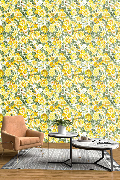 dreamwall Sarı Çiçekli Duvar Kağıdı -ısı Ve Ses Yalıtımı Yırtılmaz