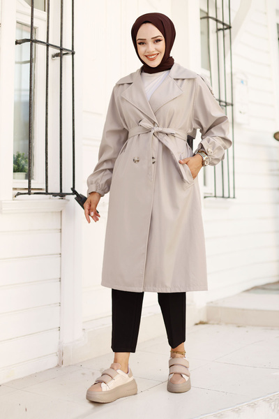 Tesettür Dünyası Omuzu Apolet Detaylı Beli Kuşaklı Trençkot TSD240810 Taş Rengi
