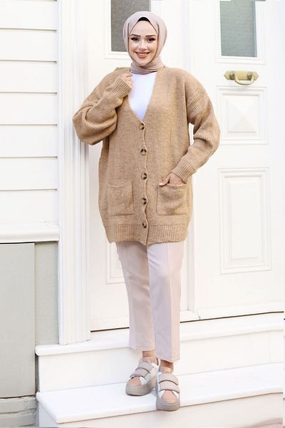 Tesettür Dünyası Camel Knitwear CarDigan - TSD witH Buttons anD Pocket Detail 240802