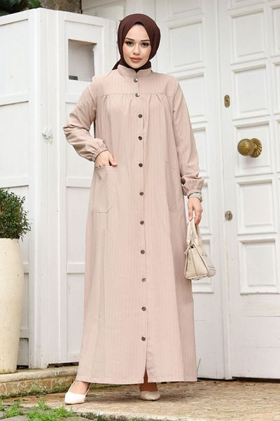 Tesettür Dünyası Ferace mit Robe und geknöpfter Tasche Tsd240227 Beige
