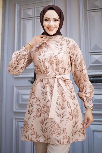 Tesettür Dünyası TSD 240726 Μοντέλο Καφέ Διπλό Σετ - Floral σχέδιο και ζώνη μέσης