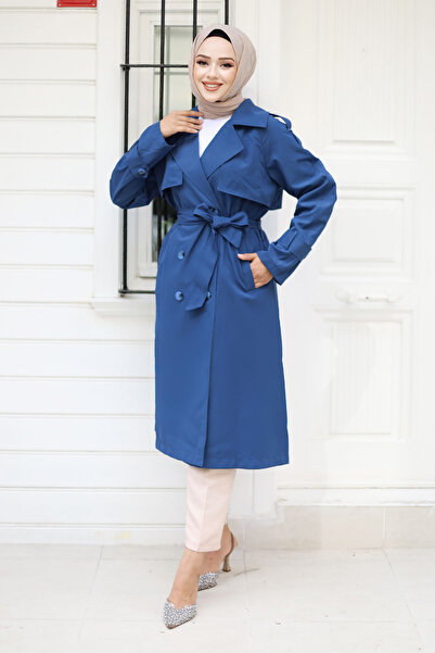 Tesettür Dünyası Arkası Zincir Detaylı Trençkot TSD240902 Mavi