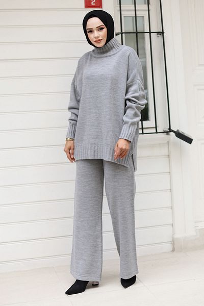 Tesettür Dünyası Corded Sleeve Knitwear Set - Gray Throat Tsd 240931
