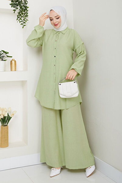Tesettür Dünyası Buttoned Double Suit with Elastic Ankle Tsd250165 Pistachio Green