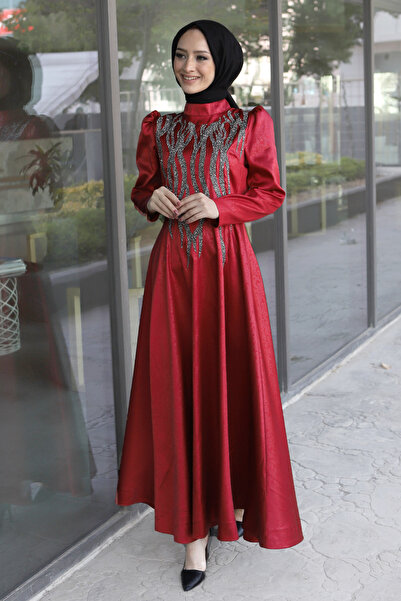 Tesettür Dünyası Elöl flitteres részletes estélyi ruha Tsd220544 Claret Red