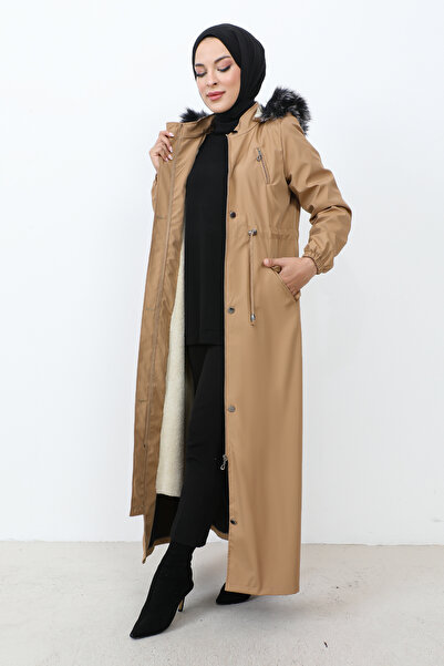 Tesettür Dünyası Camel TSD1936 - Παλτό με κορδόνι στη μέση και καπάκι