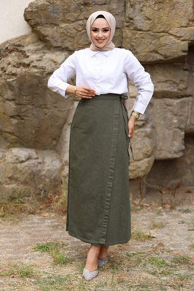 Tesettür Dünyası Khaki Colored Side Tie Denim Skirt - Tsd 240615